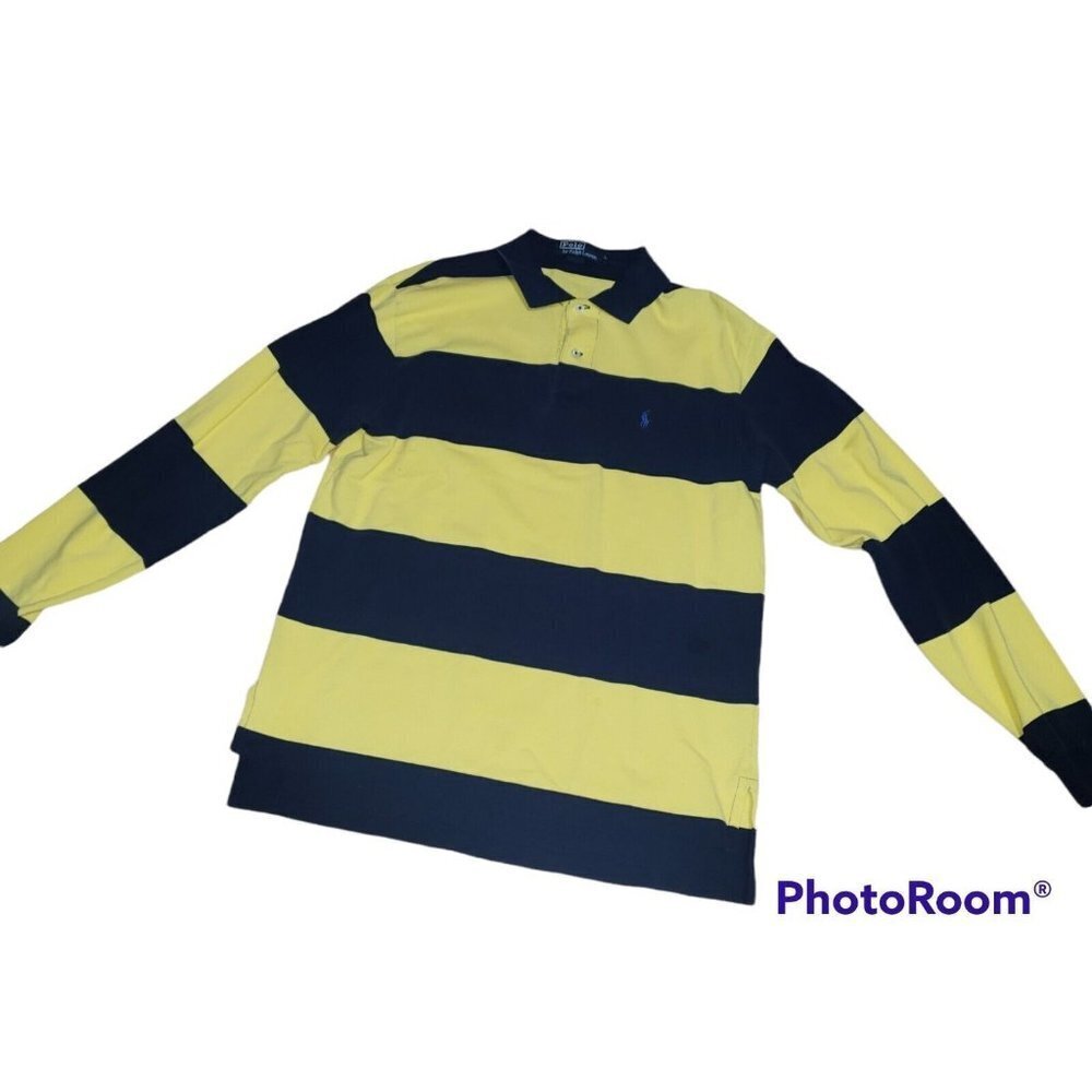 Men's POLO RALPH LAUREN  Shirt Rugby Long Sleeve Large Yellow Navy Blue Stripes